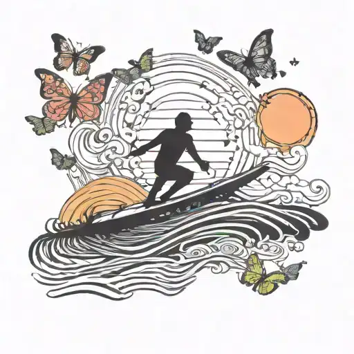 A silhouette of a paddleboarder against a colorful sunset, with butterflies flying overhead tattoo design idea