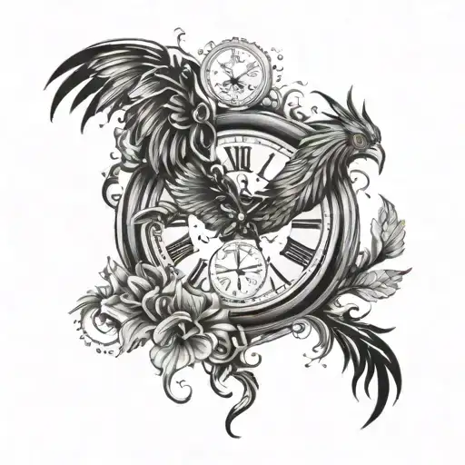 a phoenix with butterflies and a clock face tattoo design idea
