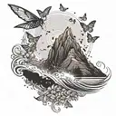 A paddleboarder riding a wave made of butterflies, with a mountain landscape in the background tattoo design idea