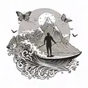 A paddleboarder riding a wave made of butterflies, with a mountain landscape in the background tattoo design idea