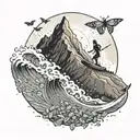 A paddleboarder riding a wave made of butterflies, with a mountain landscape in the background tattoo design idea