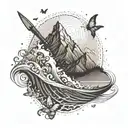 A paddleboarder riding a wave made of butterflies, with a mountain landscape in the background tattoo design idea