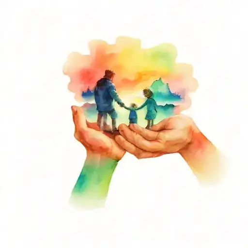 dad and daughter holding hands sitting  gazing   at northern lights  tattoo design idea