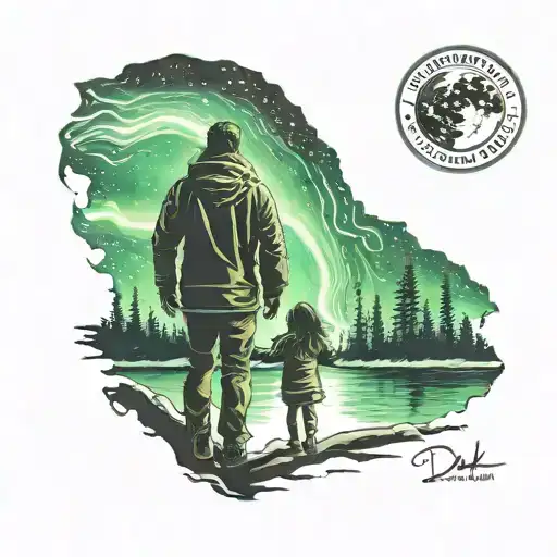silhouetted backview of dad and daughter beneath northern lights  tattoo design idea