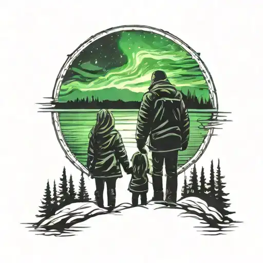 silhouetted back view of father and daughter beneath the northern lights  tattoo design idea