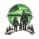 silhouetted back view of father and daughter beneath the northern lights  tattoo design idea