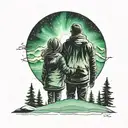 silhouetted back view of father and daughter beneath the northern lights  tattoo design idea