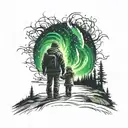 silhouetted back view of father and daughter beneath the northern lights  tattoo design idea