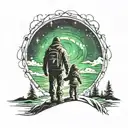 silhouetted back view of father and daughter beneath the northern lights  tattoo design idea