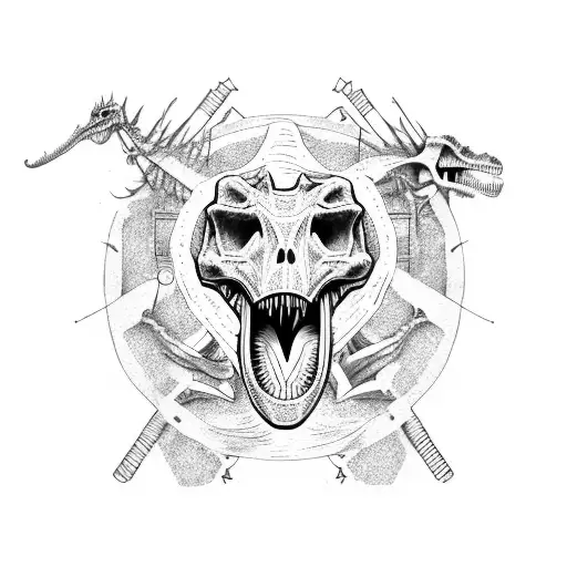 A dinosaur skeleton playing a punk rock guitar tattoo design idea