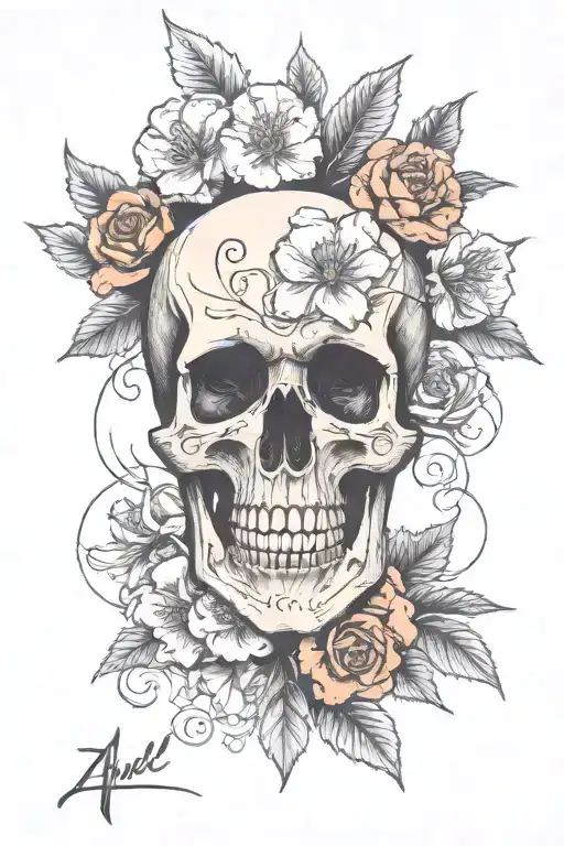 skull with azaleas for eyes and crossed missiles behind it tattoo design idea