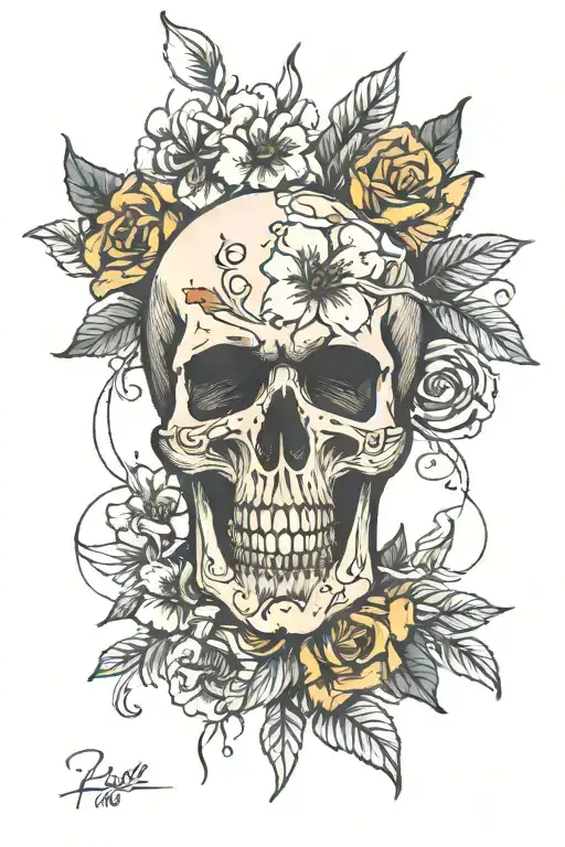 skull with azaleas for eyes and crossed missiles behind it tattoo design idea