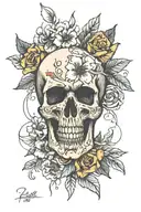 skull with azaleas for eyes and crossed missiles behind it tattoo design idea