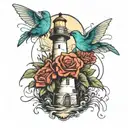 garden lighthouse fishing humming bird tattoo design idea