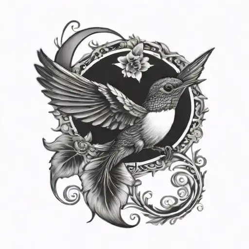 hummingbird with moon lotus flower peacock feather tree of life tattoo design idea