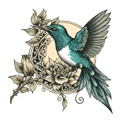 hummingbird with moon lotus flower peacock feather tree of life tattoo design idea