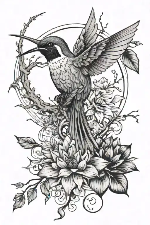 hummingbird, moon, lotus, screw tree, peacock feather tattoo design idea