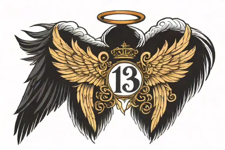 angel wings and number 13 incorporated tattoo design idea