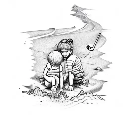 A sketch-style tattoo of your son and daughter building sandcastles on the beach, with musical symbols integrated into the sand tattoo design idea