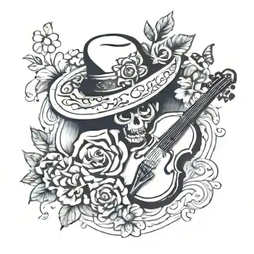 a mariachi hat with flowers a treble cleff and a violin tattoo design idea