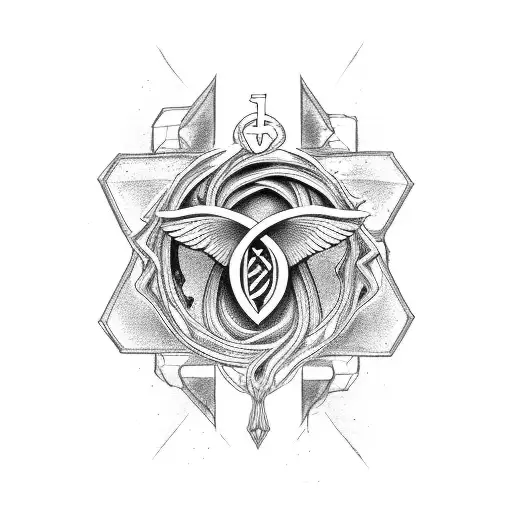 A muscular figure holding a religious symbol, with a river flowing through their veins tattoo design idea