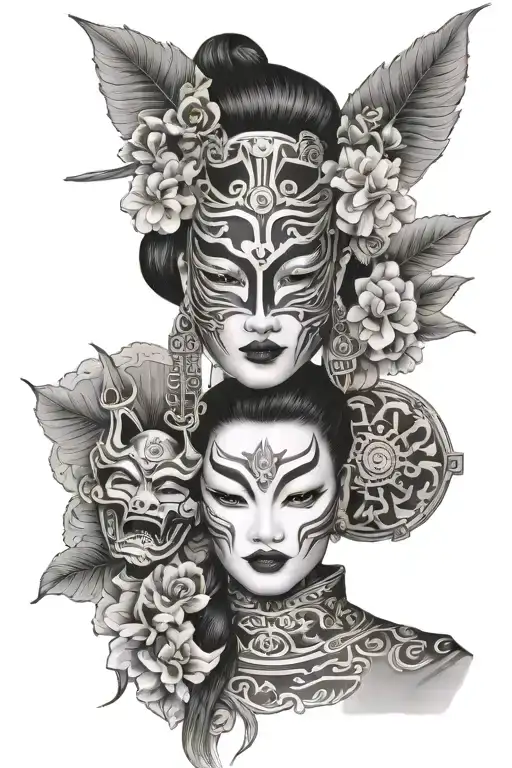 hanya mask and asian woman tattoo design idea