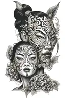 hanya mask and asian woman tattoo design idea
