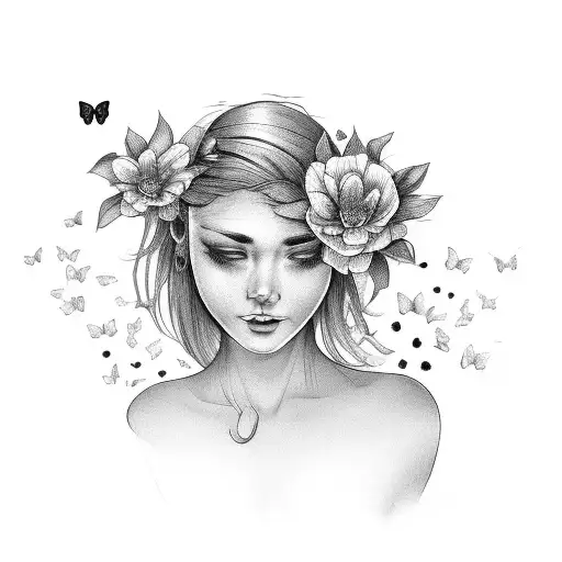 happy woman face on top with 2 butterflies and blooming flowers around. Sad woman's face on bottom with wilting flowers  tattoo design idea