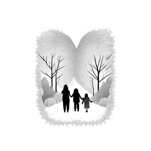 2 parents holding hands with their 2 children in a dark forrest. You can only se their backs while they are walking tattoo design idea