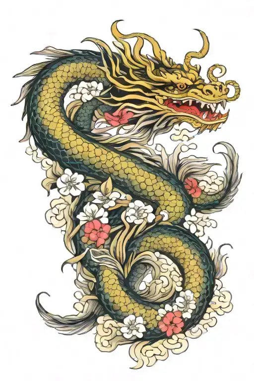 japanese dragon and coi fish floral  tattoo design idea
