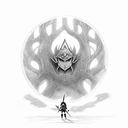 link from Zelda in front of great deku tree tattoo design idea