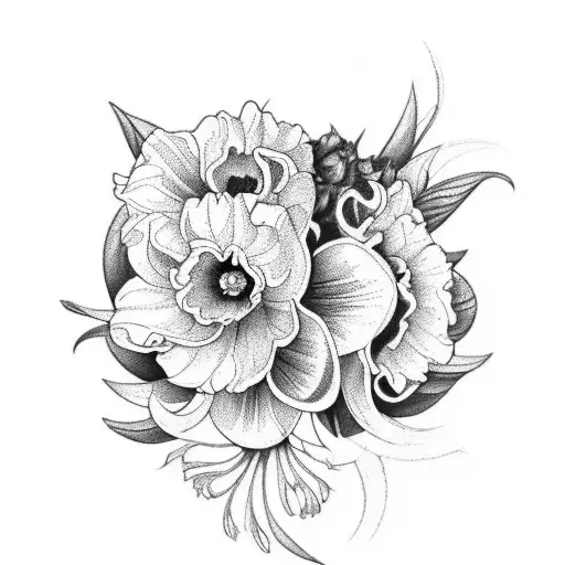 A bouquet of flowers including narcissus, marigold, and gladiolus tattoo design idea