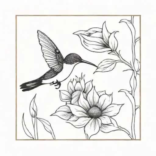 one small hummingbird next to a small sunflower  tattoo design idea