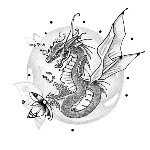 tiny dragon tattoo with butterflies and small flowers tattoo design idea