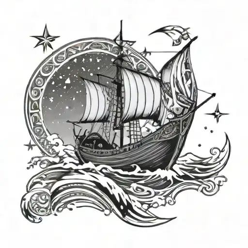 A powerful Viking longship sailing under a starry night sky tattoo design idea