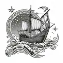 A powerful Viking longship sailing under a starry night sky tattoo design idea