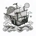 A powerful Viking longship sailing under a starry night sky tattoo design idea