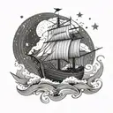 A powerful Viking longship sailing under a starry night sky tattoo design idea