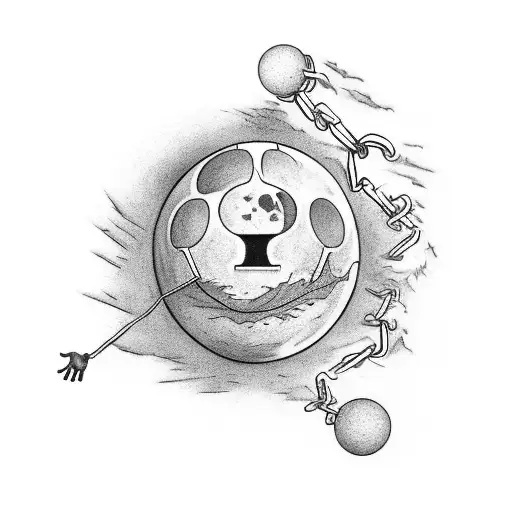 man reaching for the moon with earth as a ball and chain around his ankle tattoo design idea