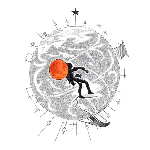 man reaching for the moon with earth as a ball and chain around his ankle tattoo design idea