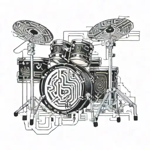 Drum set intertwined with circuit board patterns and audio mixer tattoo design idea
