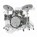Drum set intertwined with circuit board patterns and audio mixer tattoo design idea