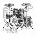 Drum set intertwined with circuit board patterns and audio mixer tattoo design idea