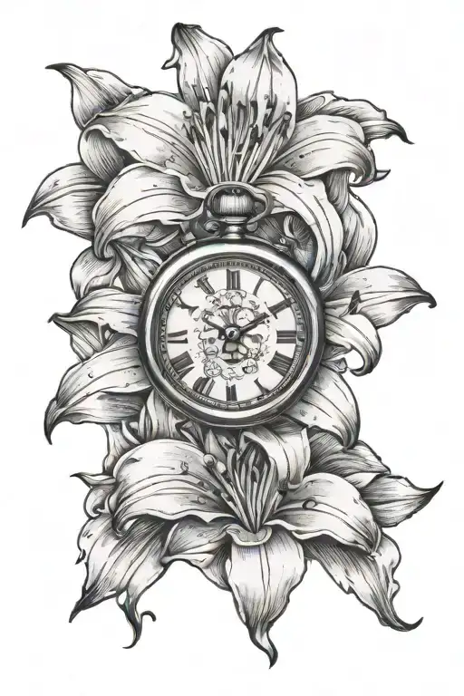 lily flower and stop watch tattoo design idea
