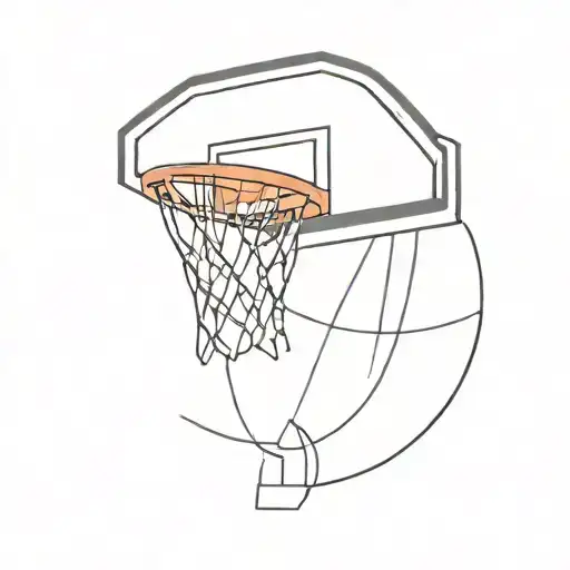 Design a minimalist tattoo of a basketball hoop with a newspaper article flying through it, representing your passion for basketball and journalism tattoo design idea