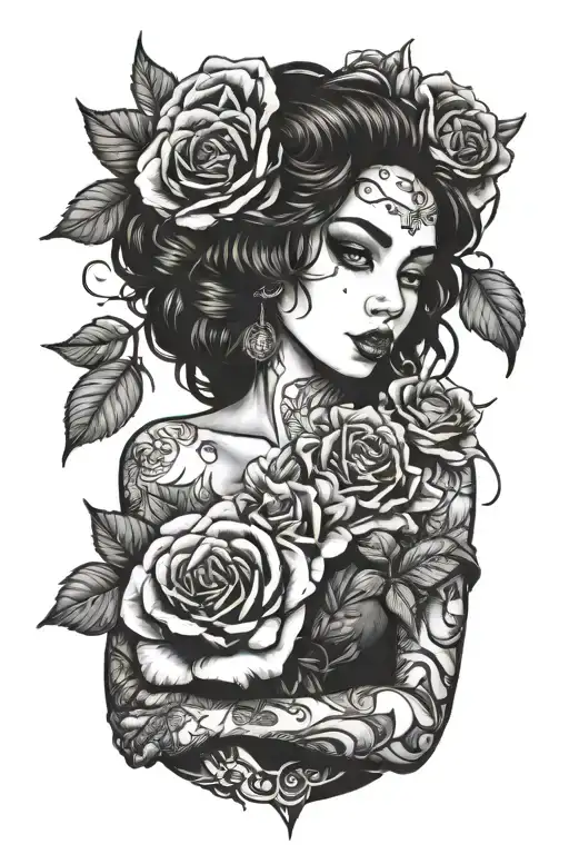 A female chicano holding a bouquet of roses made of money tattoo design idea