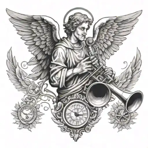 The angel Gabriel blowing a trumpet, surrounded by wings and stopwatches tattoo design idea