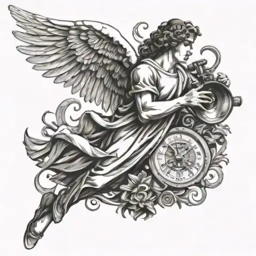 The angel Gabriel blowing a trumpet, surrounded by wings and stopwatches tattoo design idea