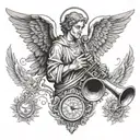 The angel Gabriel blowing a trumpet, surrounded by wings and stopwatches tattoo design idea