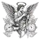 The angel Gabriel blowing a trumpet, surrounded by wings and stopwatches tattoo design idea